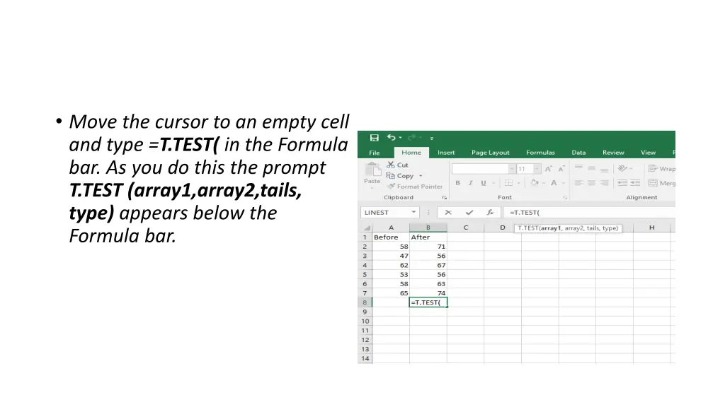 move the cursor to an empty cell and type t test 1