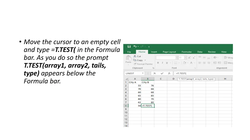 move the cursor to an empty cell and type t test