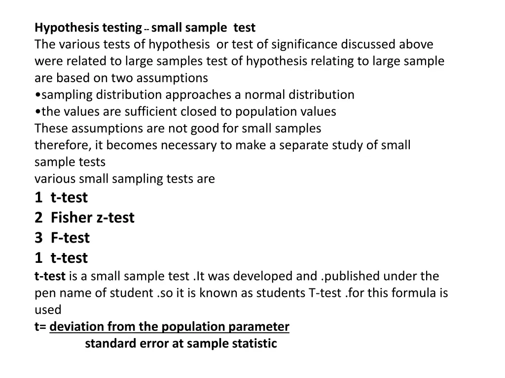 hypothesis testing small sample test the various