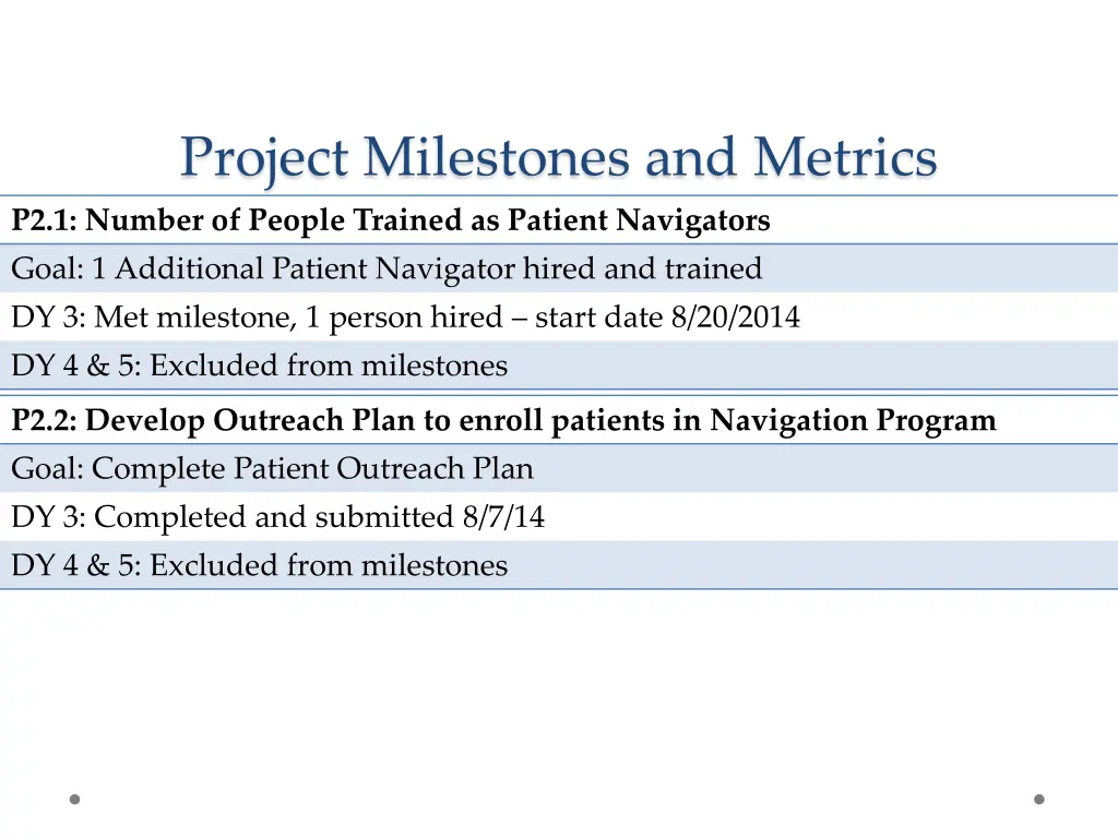 project milestones and metrics