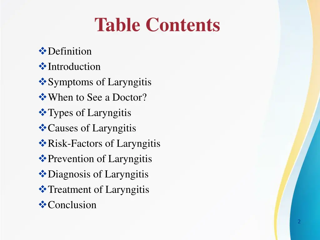 table contents