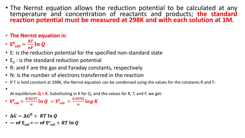 the nernst equation allows the reduction