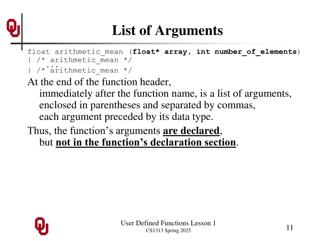 list of arguments