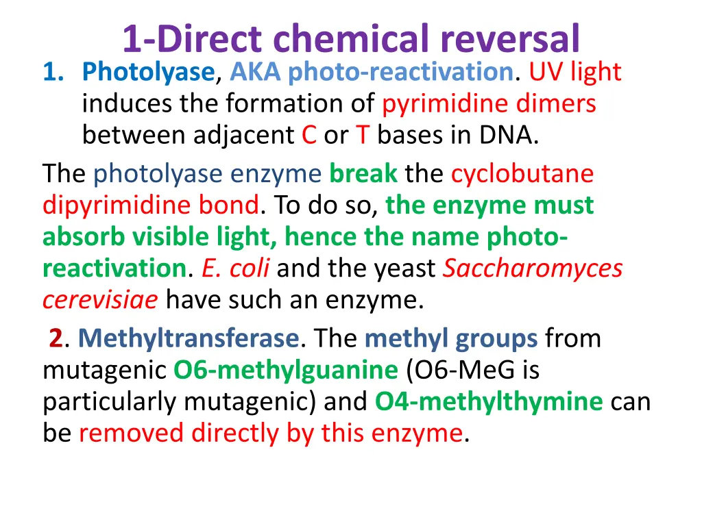 1 direct chemical reversal 1 photolyase aka photo