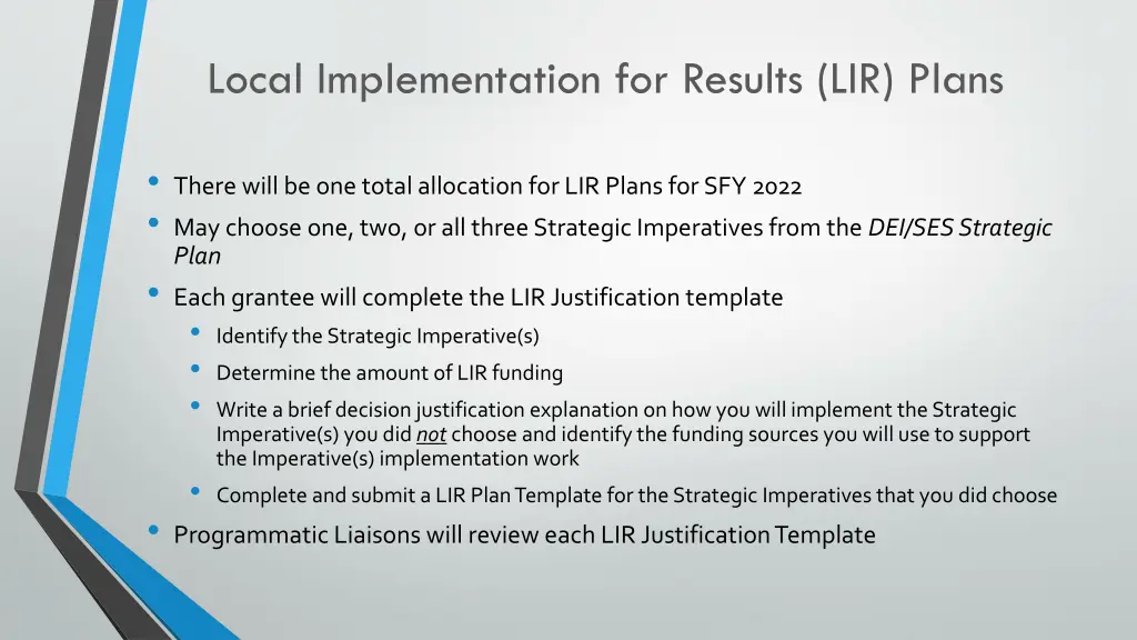 local implementation for results lir plans