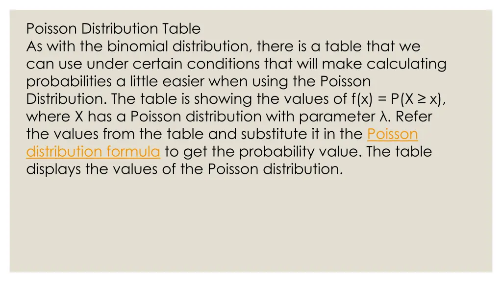 poisson distribution table as with the binomial
