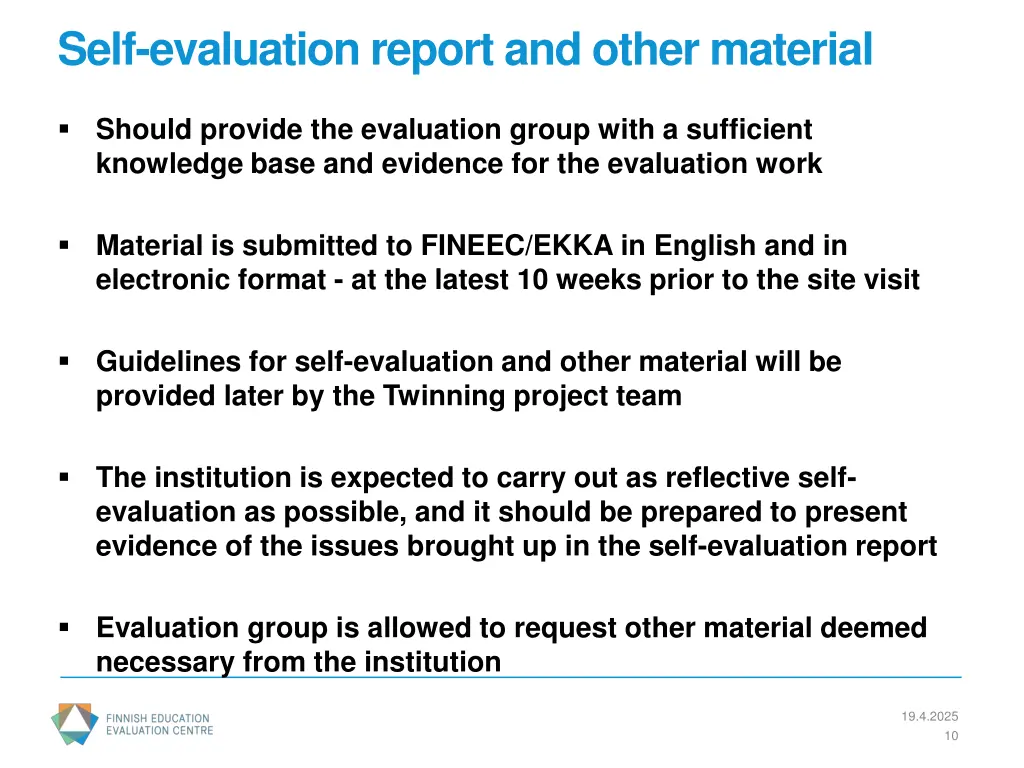 self evaluation report and other material
