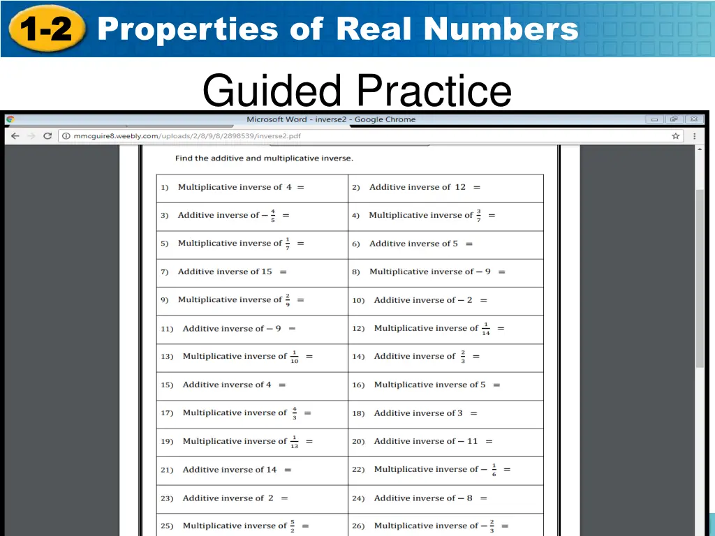 1 1 2 2 properties of real numbers guided practice