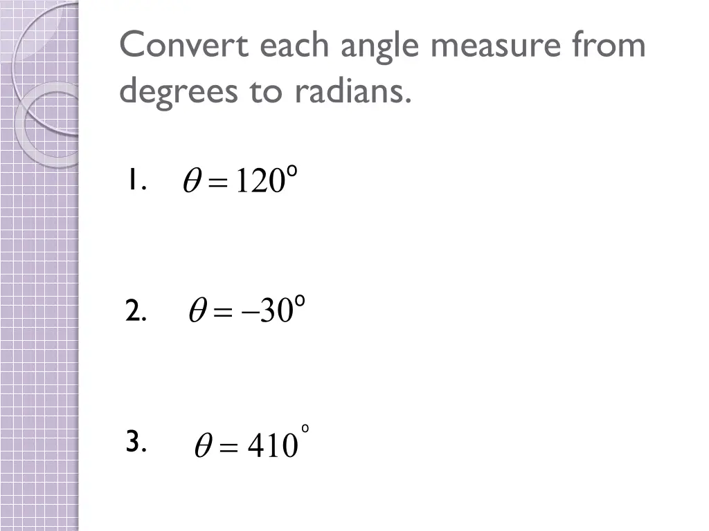 convert each angle measure from degrees to radians