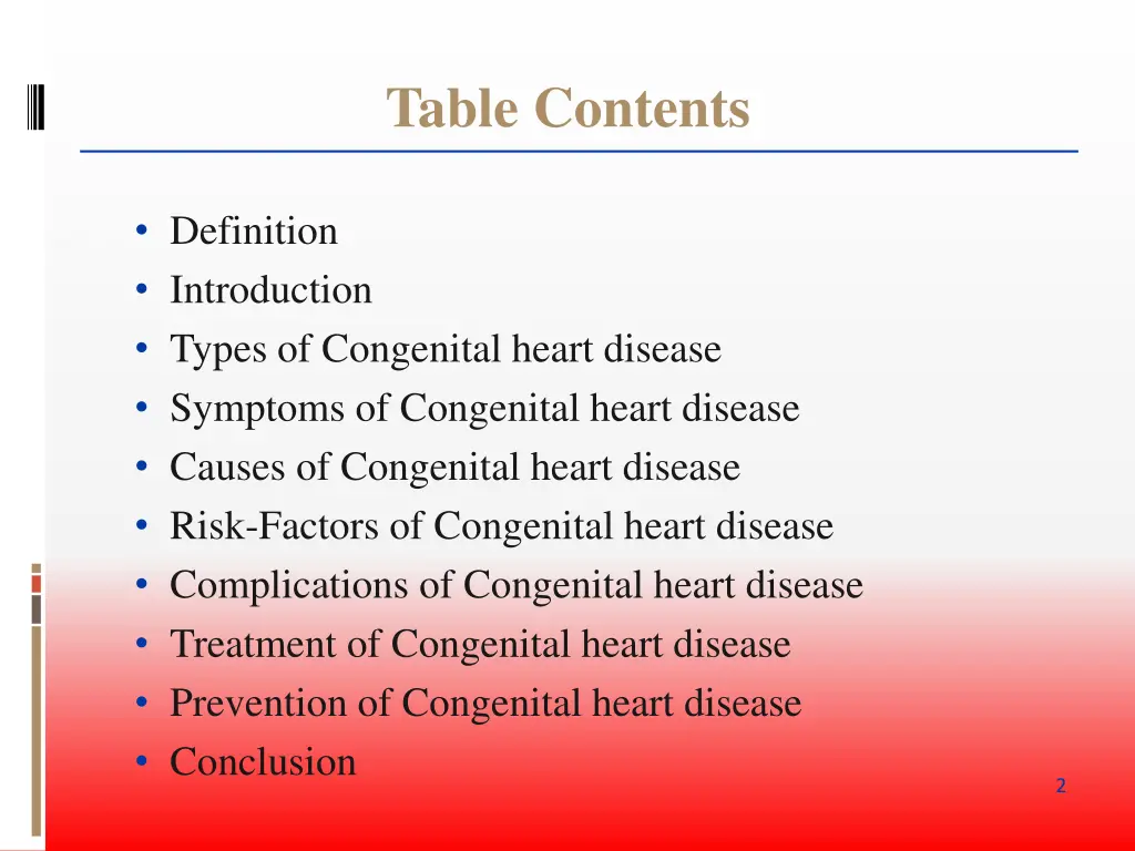 table contents