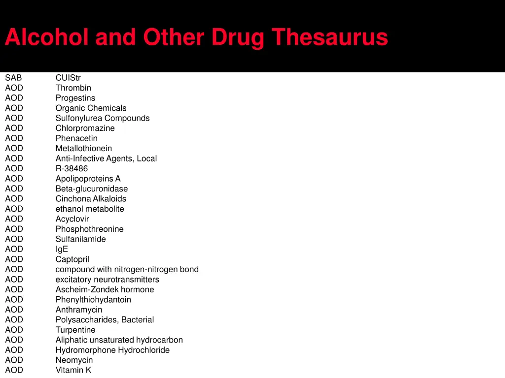 alcohol and other drug thesaurus