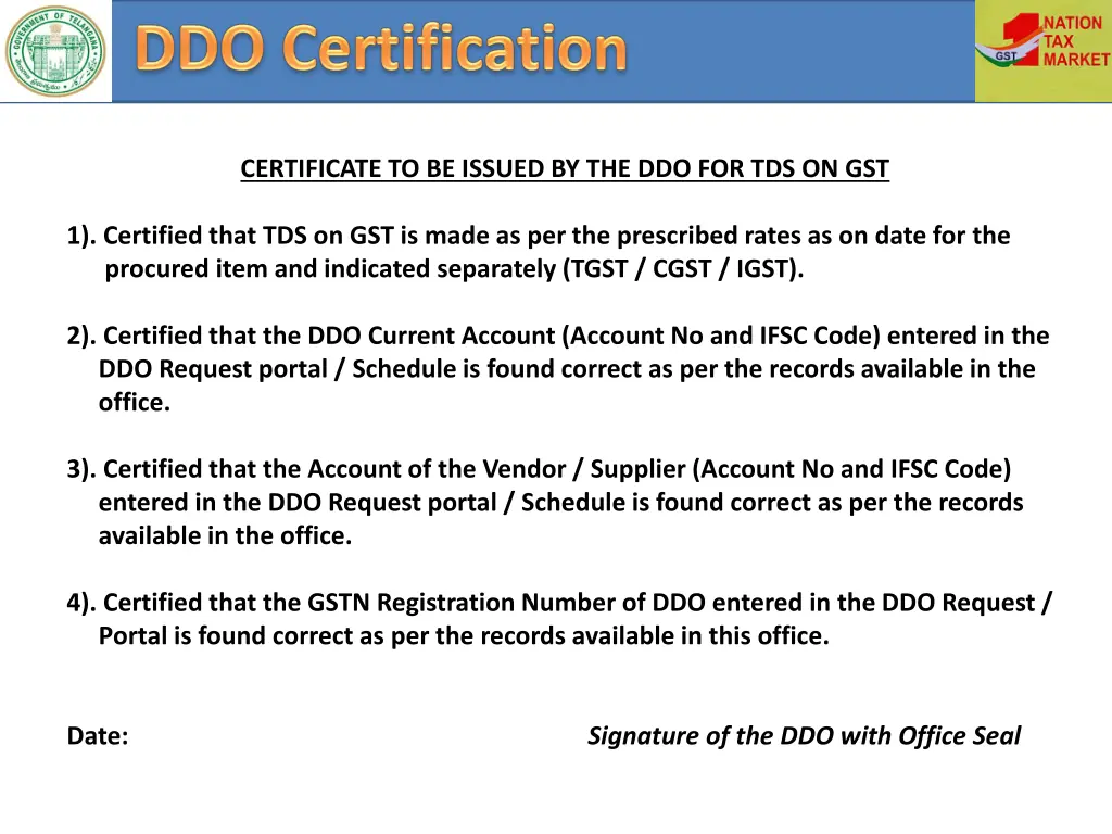 certificate to be issued by the ddo for tds on gst