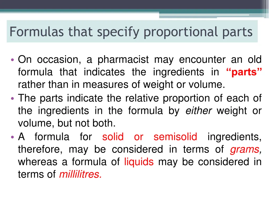 formulas that specify proportional parts