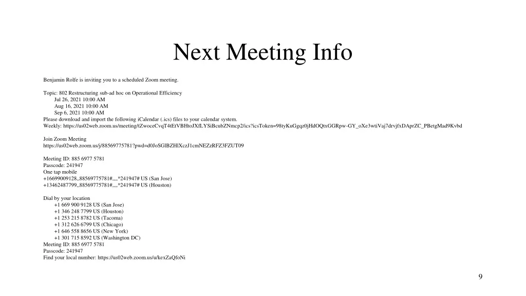 next meeting info