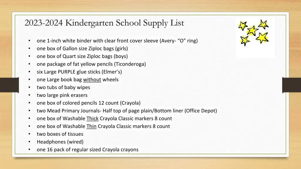 2023 2024 kindergarten school supply list