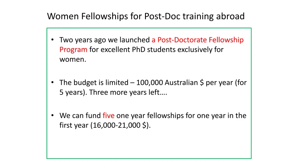 women fellowships for post doc training abroad