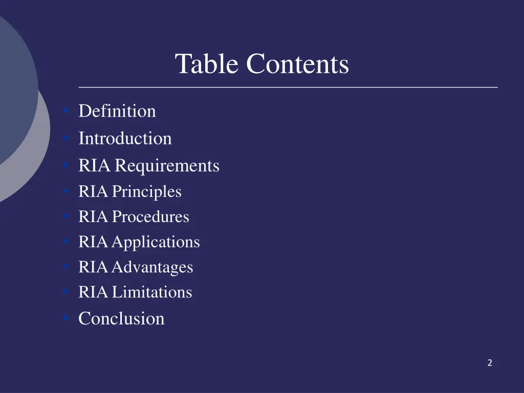 table contents