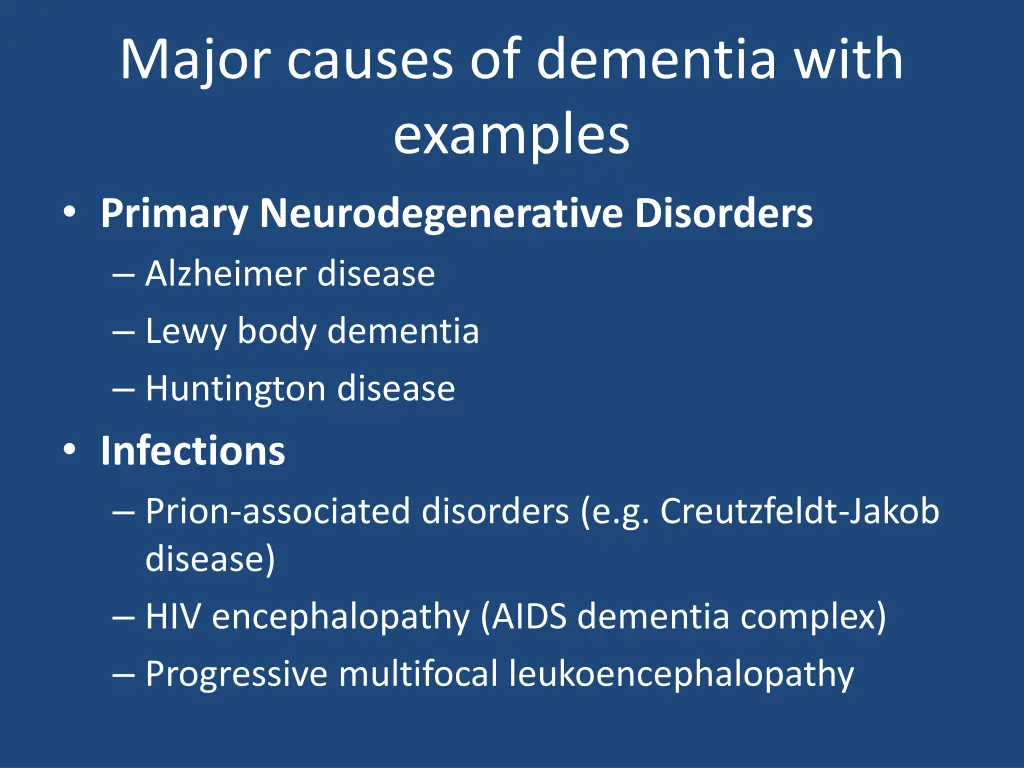 major causes of dementia with examples primary