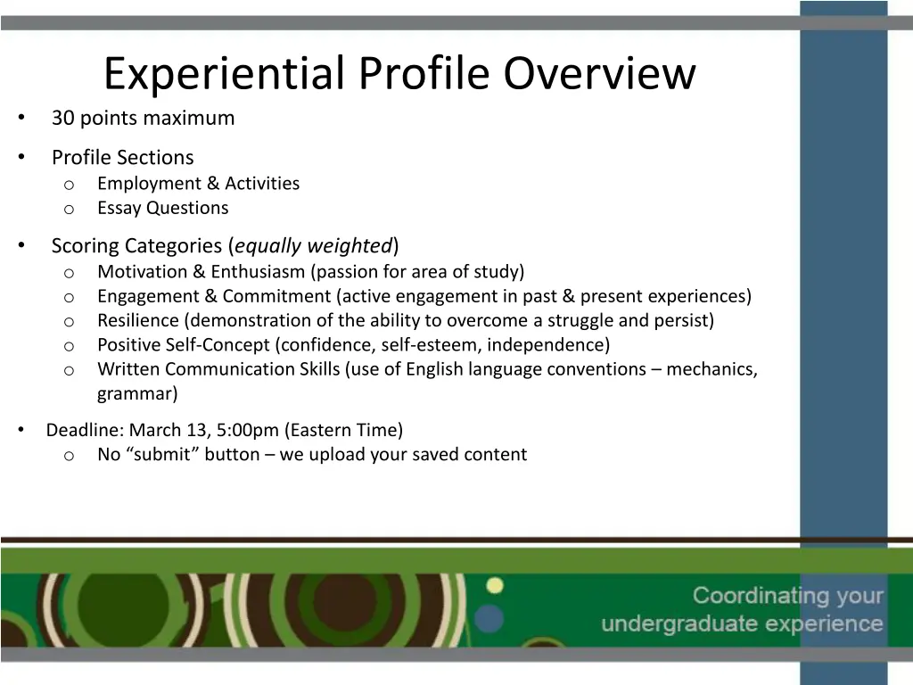 experiential profile overview 30 points maximum