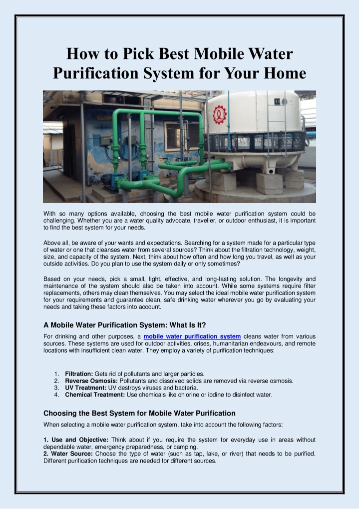 how to pick best mobile water purification system