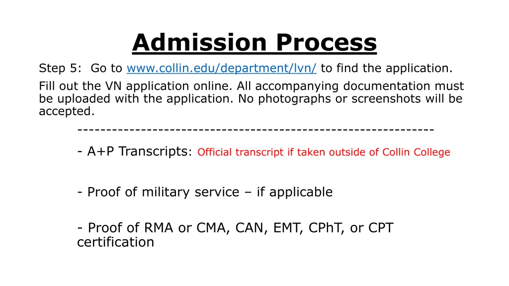 admission process step 5 go to www collin