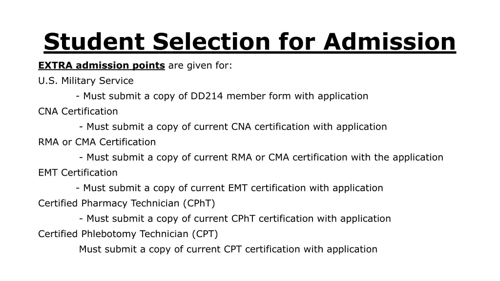 student selection for admission extra admission