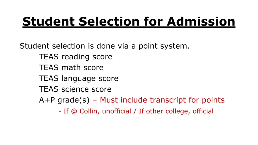 student selection for admission