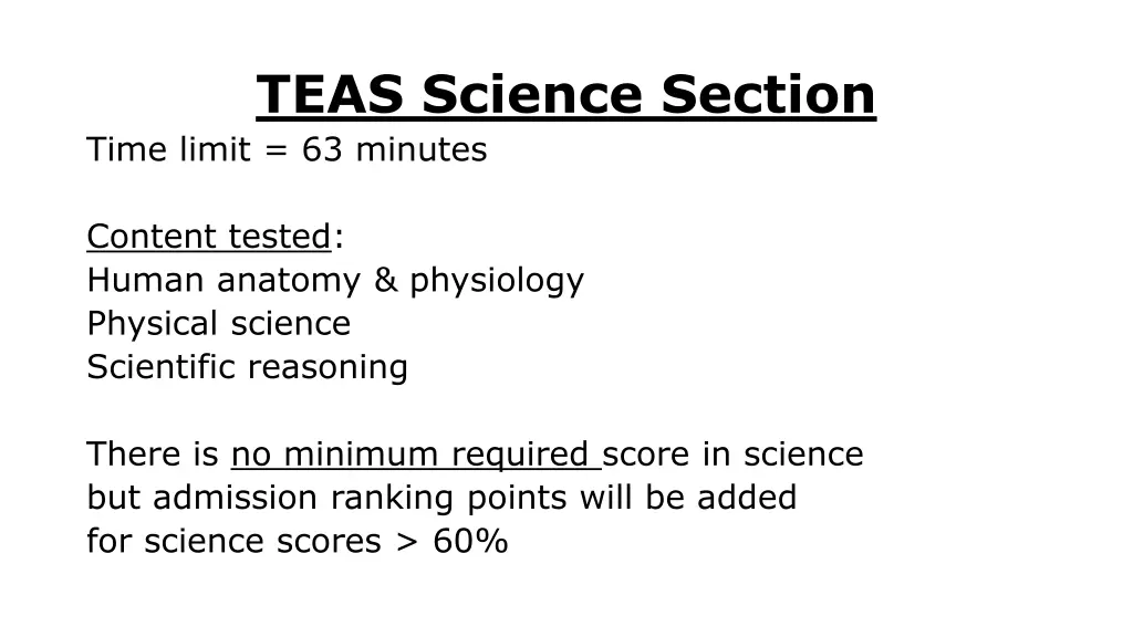 teas science section time limit 63 minutes