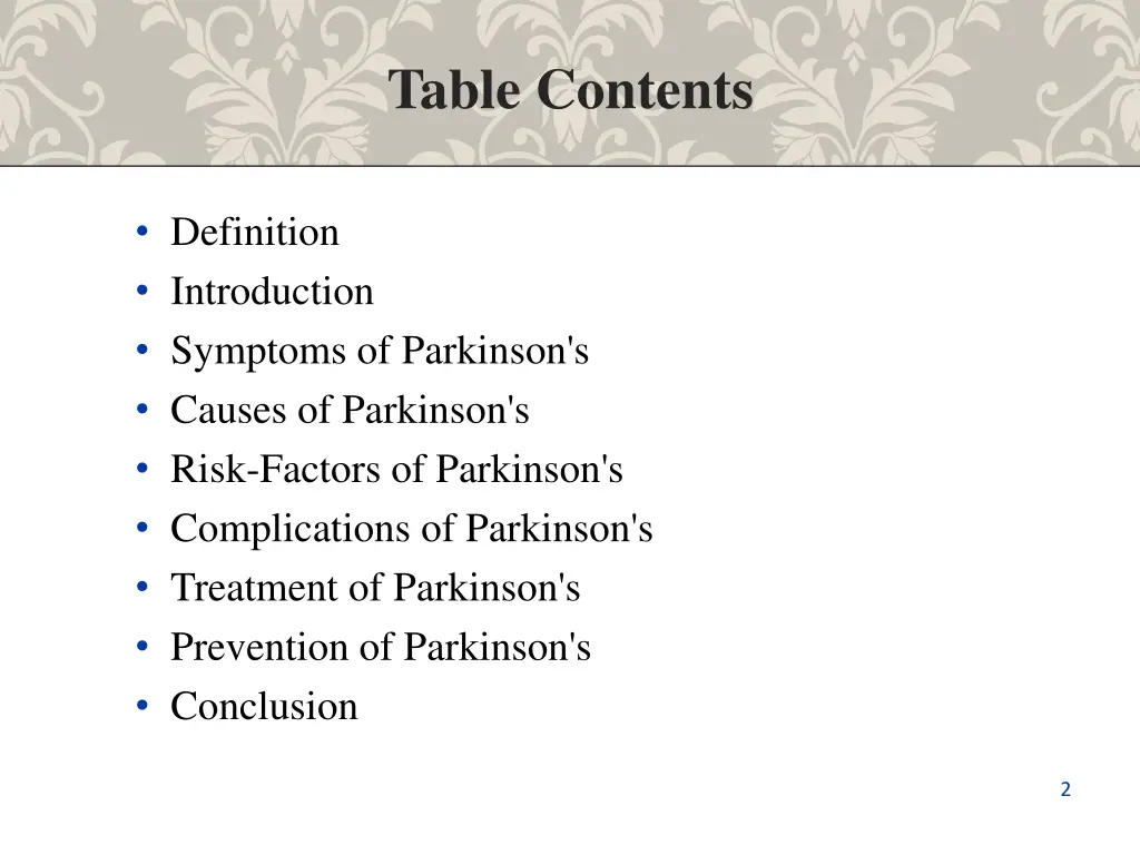 table contents