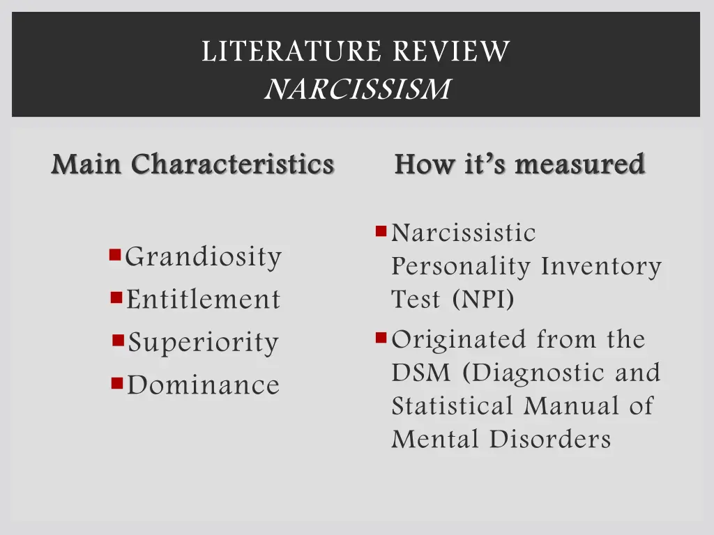 literature review narcissism