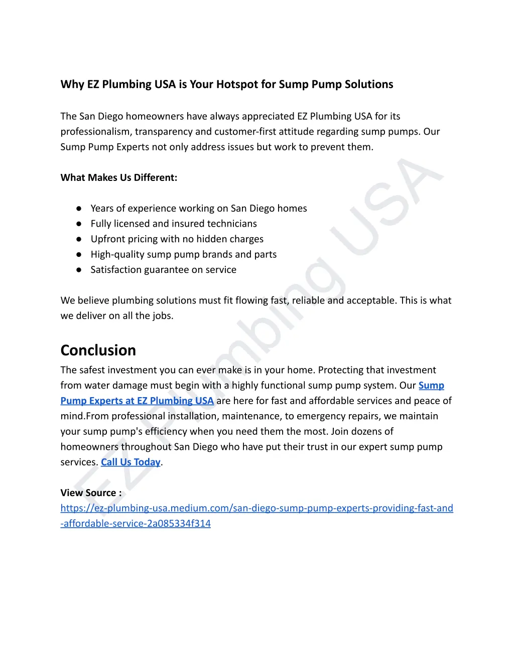 why ez plumbing usa is your hotspot for sump pump