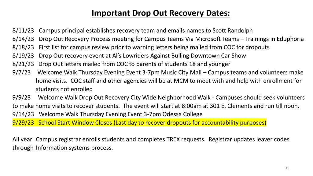 important drop out recovery dates