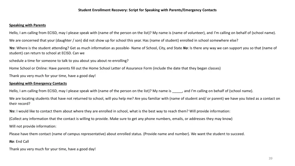 student enrollment recovery script for speaking