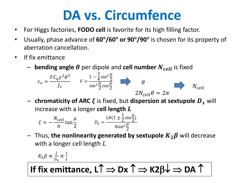 da vs circumfence for higgs factories fodo cell