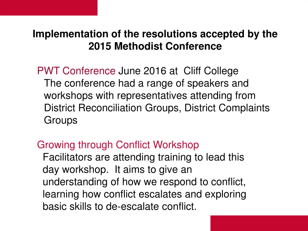 implementation of the resolutions accepted