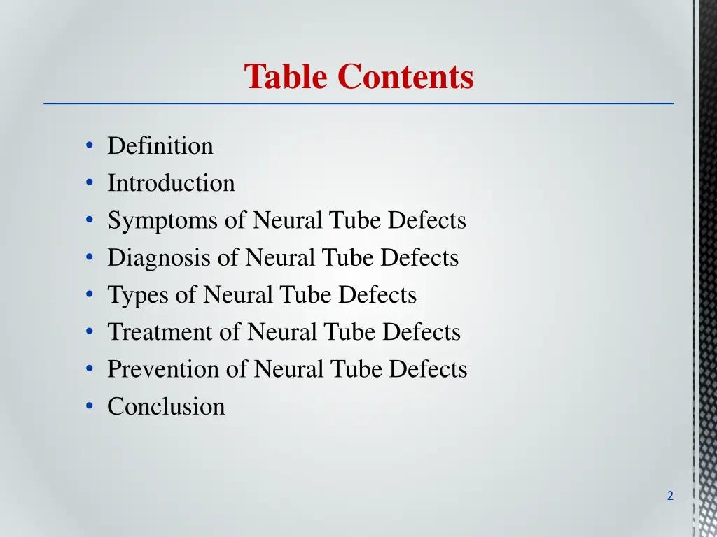 table contents