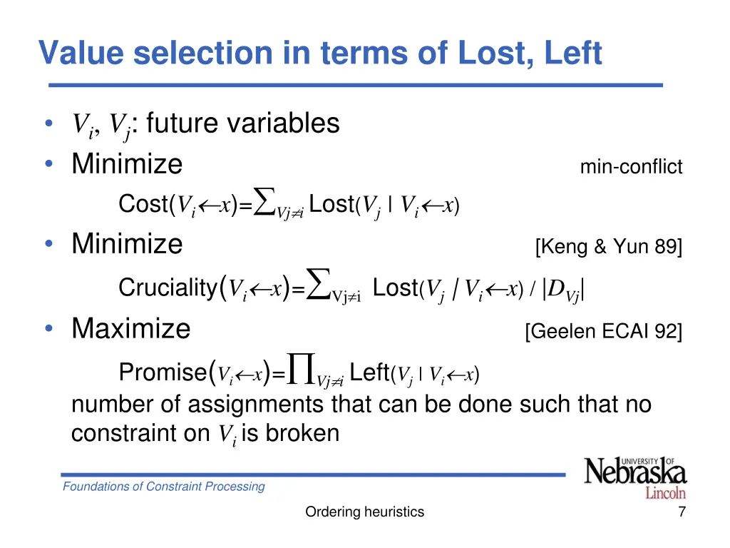 value selection in terms of lost left