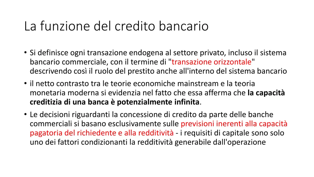 la funzione del credito bancario
