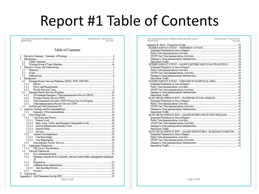 report 1 table of contents