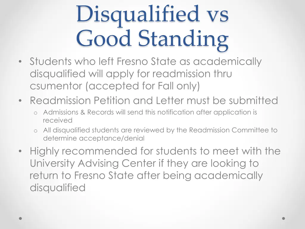 disqualified vs good standing students who left