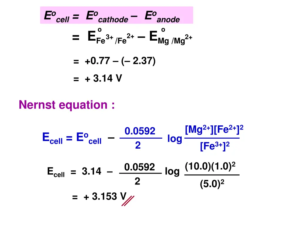 e ocell e ocathode e oanode e fe fe e mg mg