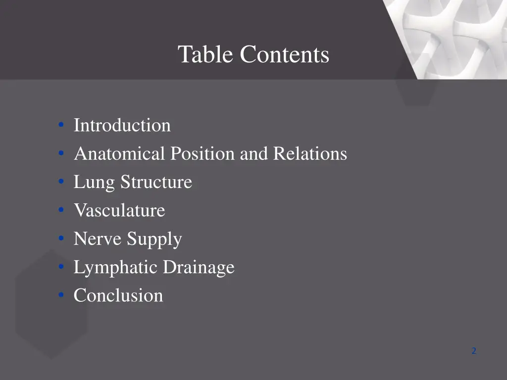 table contents