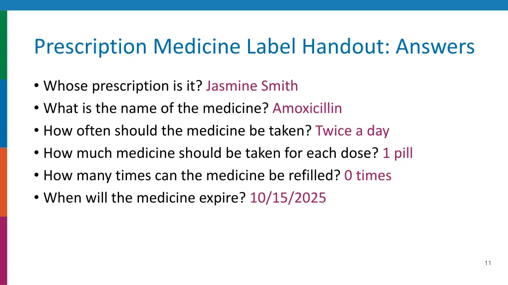 prescription medicine label handout answers