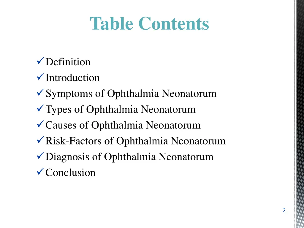 table contents