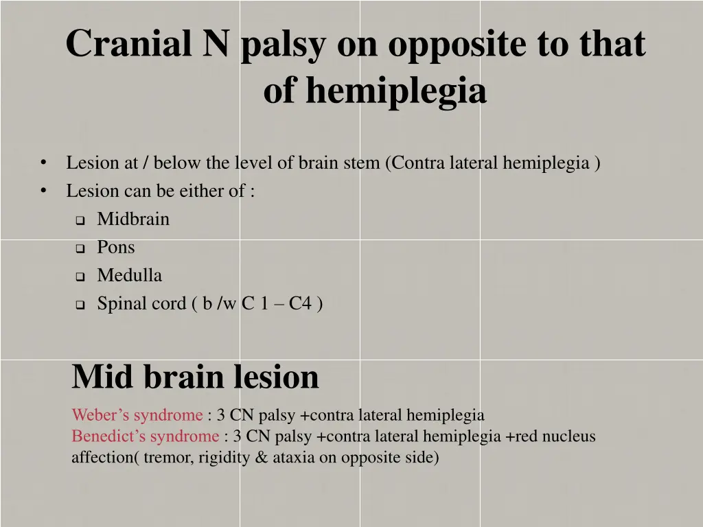 cranial n palsy on opposite to that of hemiplegia