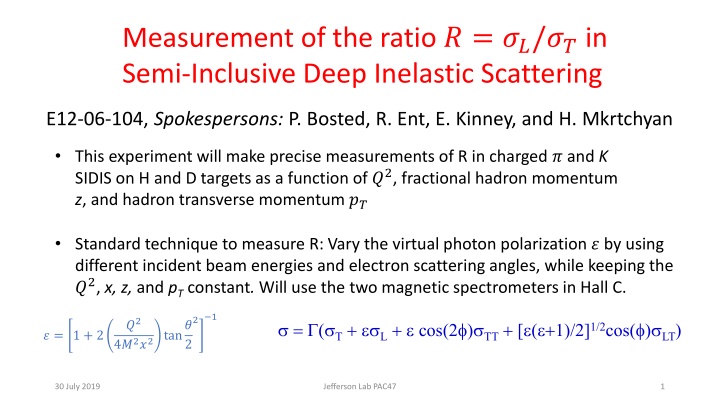 measurement of the ratio in semi inclusive deep