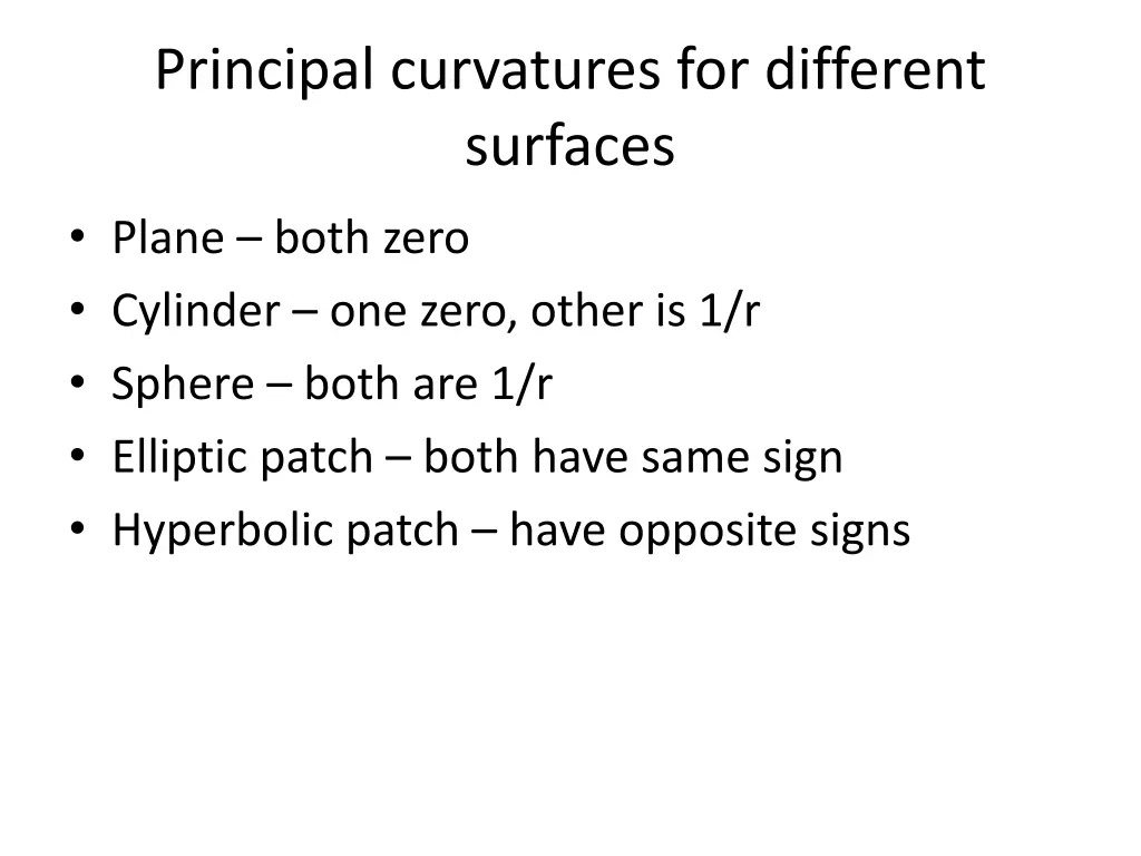 principal curvatures for different surfaces 1