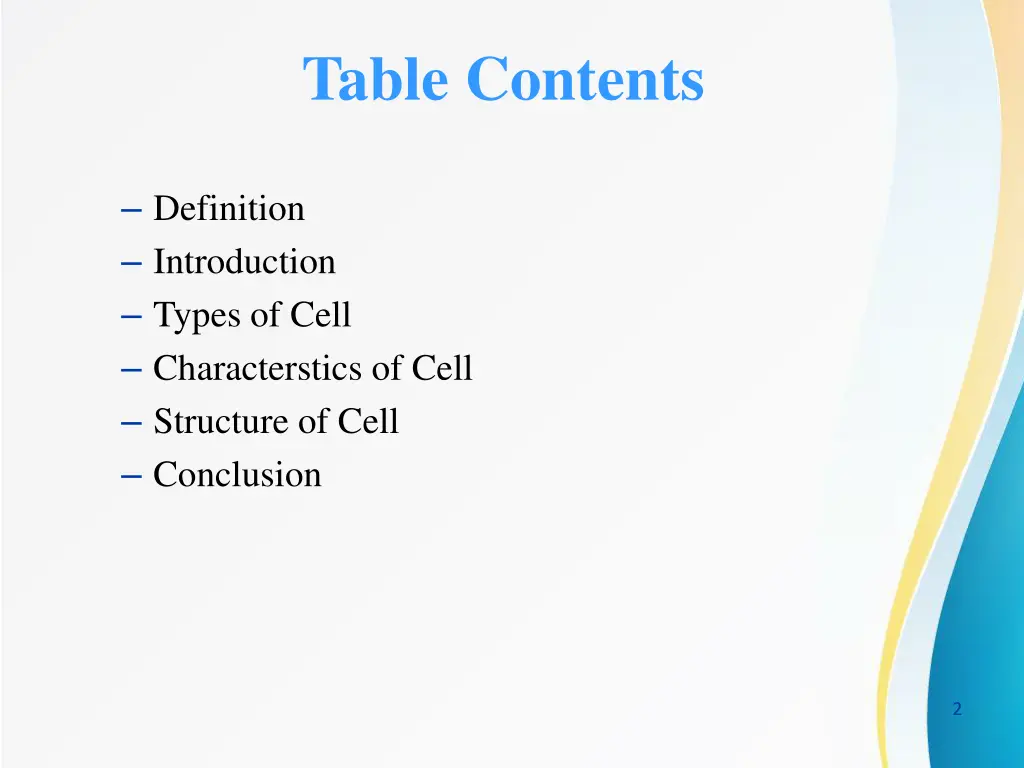 table contents