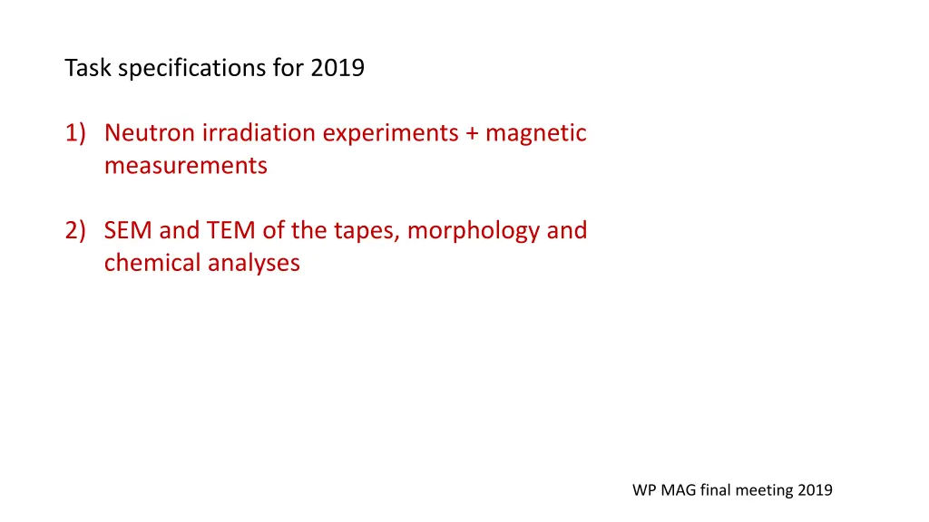 task specifications for 2019