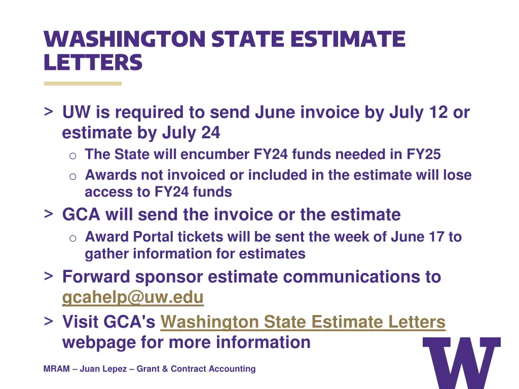 washington state estimate letters